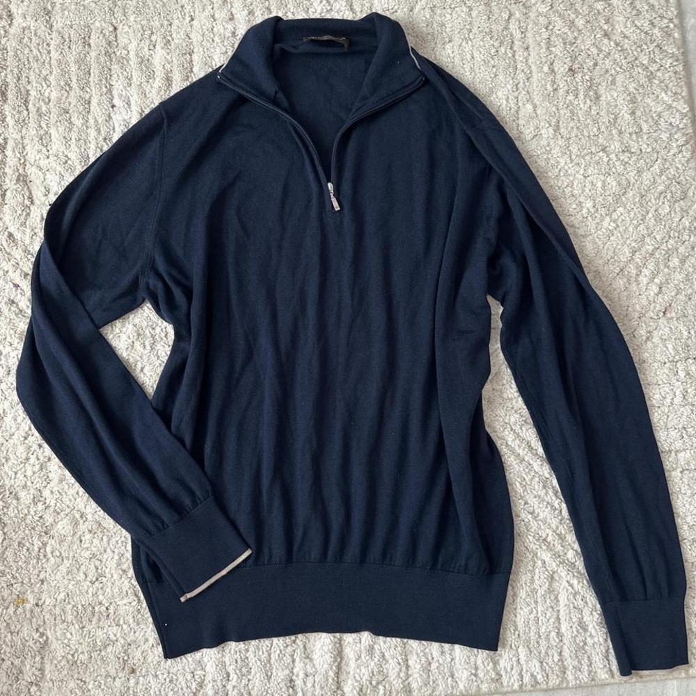 Doriani Cashmere Sweater Mens Navy Blue Quarter Zip Mock Neck Pullover